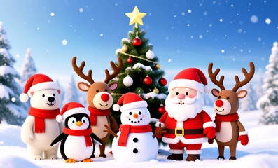 Adorable Christmas Scene with Santa, Reindeer, and Friends
