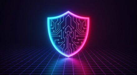 Cybersecurity shield glowing with vibrant neon colors on grid background, modern digital protection concept for secure data and privacy applications