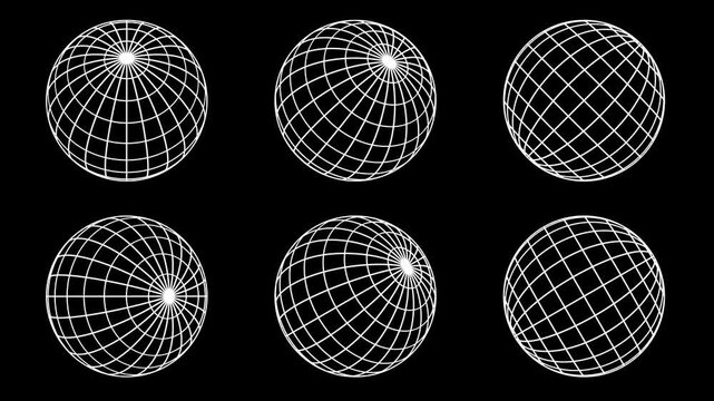 Set of 6 Rotating Wireframe 3D Globe Grid Loops Multiple Angles - 24 Longitudes 12 Lattitudes	
