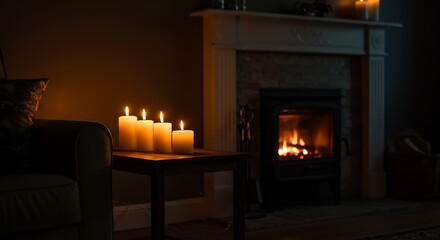 Cozy ambiance created by glowing candles and a warm fireplace provides relaxation and comfort in a dimly lit living room setting for a peaceful evening