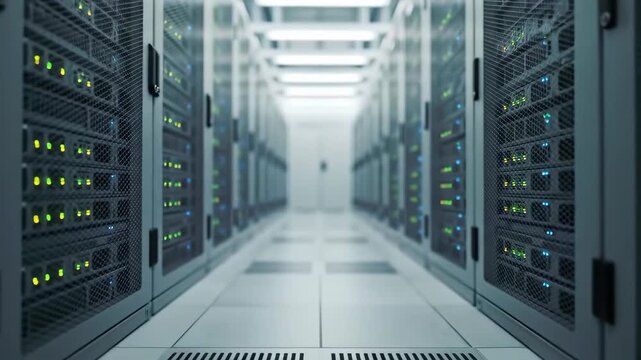 Illuminated Server Room With Rows of Data Storage Units And White Floor