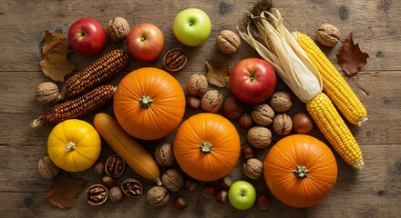 Abundant autumn harvest featuring pumpkins, corn, apples, and walnuts on rustic wood, perfect for Thanksgiving recipes and cozy seasonal vibes
