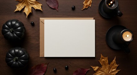 Cozy autumn invitation mockup with black pumpkins, glowing candles, and golden leaves creating a warm seasonal atmosphere for your heartfelt message