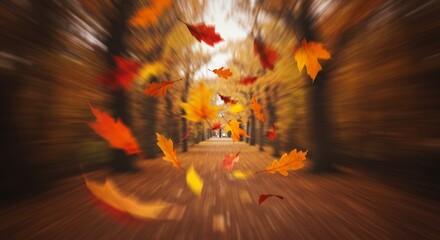 Experience the magic of autumn with vibrant leaves swirling down a tree-lined path, creating a stunning seasonal display, perfect for fall promotions