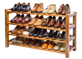 Wooden shoe rack with various types of footwear, isolated on transparent background.png
