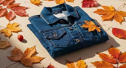 Stylish dark denim jacket surrounded by vibrant autumn leaves creating a cozy fall vibe for fashion blogs and seasonal promotions, warm autumnal tones
