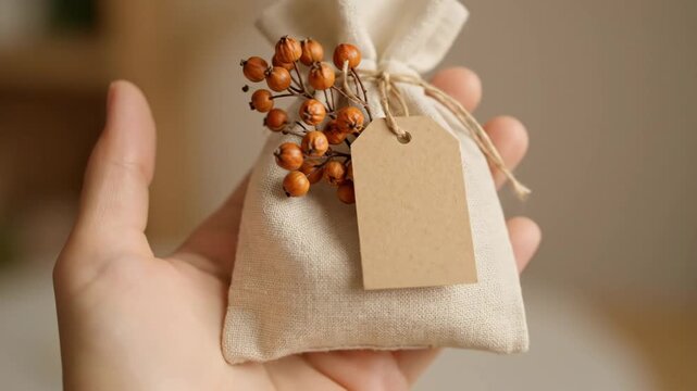 Small Burlap Gift Bag with Tag and Berry Accent - A pair of hands holds a small, tied burlap gift bag.