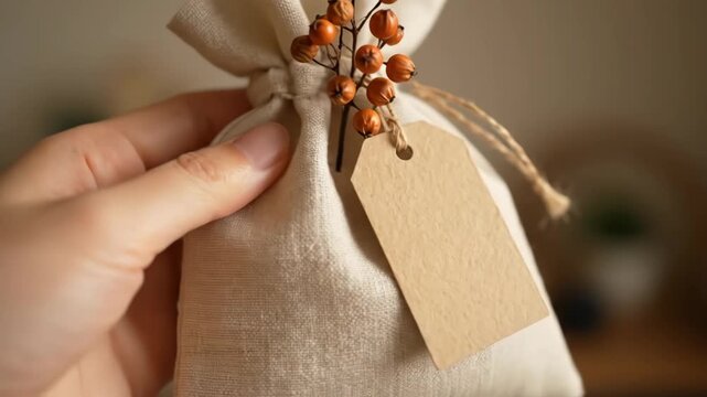 Linen Gift Sack with Tag - A hand is holding a small, closed linen sack that has been decorated with a sprig of berries and a blank brown paper tag attached with twine.