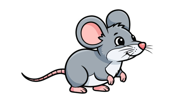 Cartoon Mouse with Gray Fur Pink Ears and Long Tail.