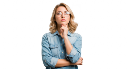 Thoughtful young woman with glasses looking up isolated on transparent background beautiful blonde girl in denim shirt thinking about something and holding her chin with her hand