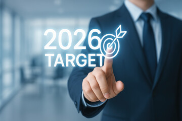 Business growth 2026 target goal achievement entrepreneur businessman suit touch screen target icon year 2026 office blurred background modern goal setting success strategy planning achievement
