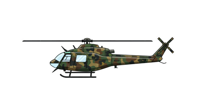 Military camouflage attack helicopter with main and tail rotors.