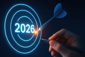Business growth 2026 target goal achievement dartboard dart hand pen illuminated neon blue light future planning success concept aim strategy close up leadership vision goal setting achievement