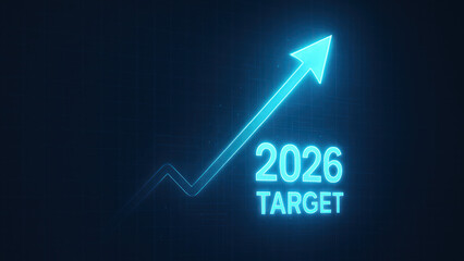 Business growth 2026 target goal achievement upward arrow neon chart rising success projection inspiring momentum
