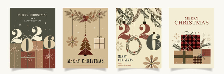 Rustic vintage Christmas and New Year 2026 greeting cards set. Festive gift boxes and ornaments with pine branches. Warm earthy tones and minimalist retro holiday design collection.