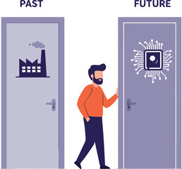 A person is faced with a choice between the past and the future. The doors symbolize the old factory work and the new era of digital technology, AI, and automation. 