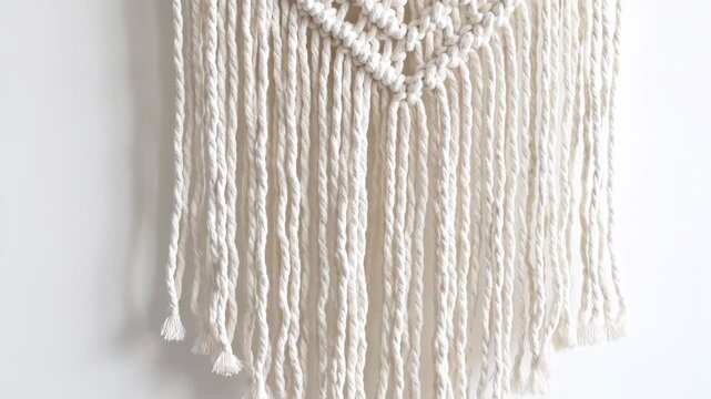 Macrame Wall Hanging Close-Up - A close up shot shows a white macrame wall hanging against a white wall.