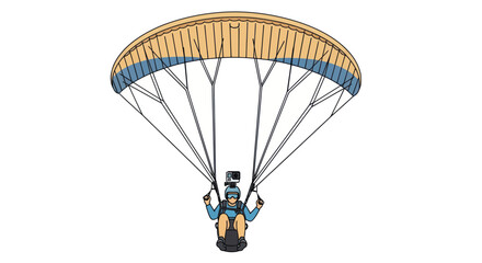 Front view illustration of a paraglider with a yellow and blue wing pilot in a harness and a helmet camera. © wong