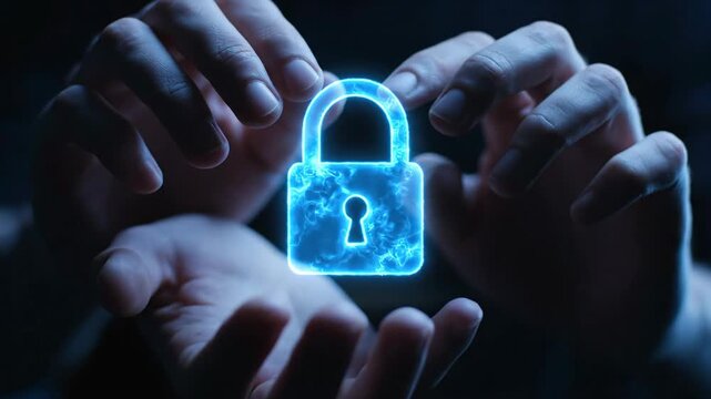 Digital Security Concept with Glowing Padlock - The video showcases a pair of hands holding a glowing, futuristic padlock symbol.