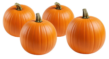 Four bright orange pumpkins isolated on transparent background for autumn decoration
