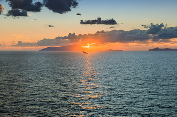 View of the Gulf of Naples with the Phlegraean Islands at sunset in southern Italy.