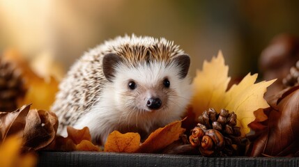 A hedgehog moves gently through a carpet of vibrant autumn leaves, enjoying the tranquil beauty of a forest in warm light