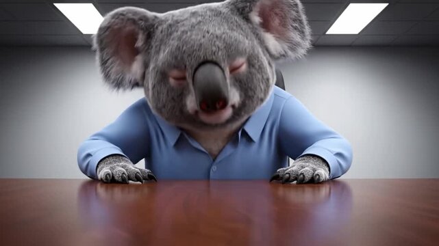 Funny koala in a shirt falling asleep during a boring office meeting. Work humor and animal concept.