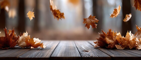 Orange and brown leaves swirl gracefully above a rustic wooden table in a peaceful and serene natural environment during autumn