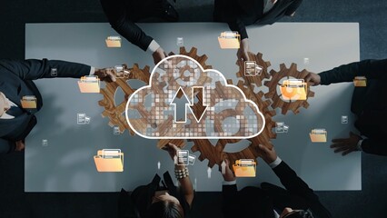 A dynamic business meeting highlights cloud technology and gears as representatives of digital transformation. Teams collaborate on innovative data management solutions efficiently. Raster