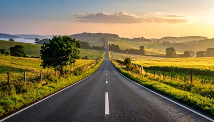 A country road stretches into a hazy sunrise over rolling hills.  Fields of vibrant green and golden yellow grasses line both sides of the asphalt road.  A lone tree stands guard beside the roadway