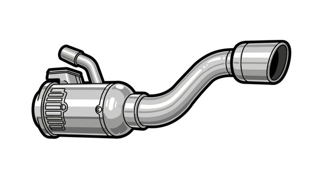Automotive exhaust muffler system with curved pipe and outlet.