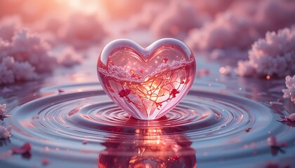Glass heart filled with liquid light floating over mirrored water, surrounded by soft waves of pink and gold glow, dreamy Valentine fantasy.