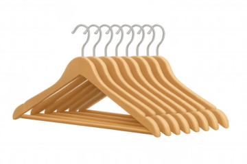 Row of wooden clothes hangers on transparent background, symbolizing organization, fashion, retail, and wardrobe storage