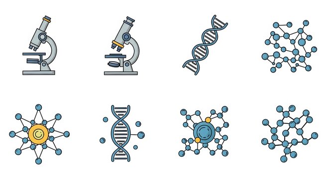 Collection of science icons depicting microscopes, DNA strands, and molecular structures, presented as flat vector illustrations.