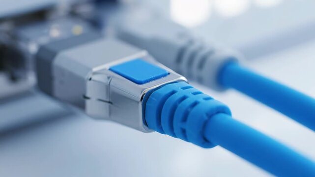 Network Cables Connected - Close-up of a blue Ethernet cable plugged into a device, with another white cable in the background.