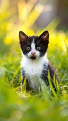 Black and white kitten in grassy field, sunlight