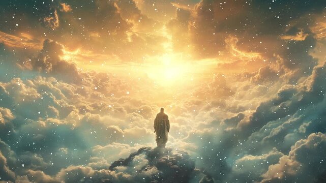 God Figure Standing On Top Of A Mountain Over The Clouds Watching The Beaming Sunrise