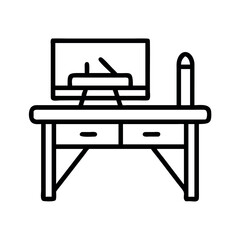 Minimalist line art depicting a modern desk setup with computer and drawing tablet