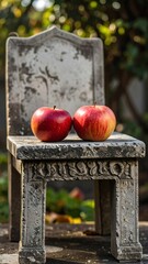 Two red apples rest on a small, weathered stone chair amidst a blurred garden setting