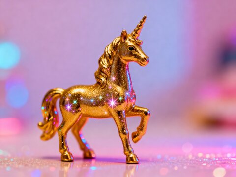 Sparkling golden unicorn figurine with glittering background in kitsch style
