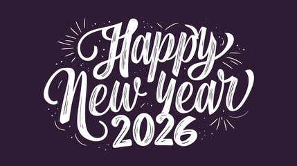 "Happy New Year" in white on a dark purple background with text that says "2026," digital art style, colorful hand-drawn line. Template for greeting card, new year invitation.