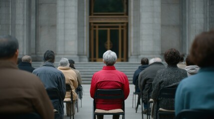A group of people sits with their backs to the viewer, silently facing a grand government building, conveying peaceful protest and collective silence.