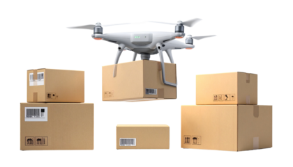 Drone Delivery Boxes and E-commerce Packaging Set, isolated on white background