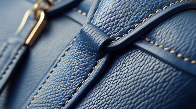 Close-up of a blue leather bag showcasing the intricate texture, stitching, and a glimpse of gold hardware, highlighting craftsmanship and quality.