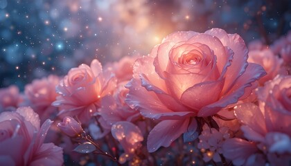 Roses made of transparent crystal illuminated from within, glowing softly under a starlit sky, magical romantic energy.