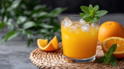 Bright orange juice served in a glass with fresh mint and whole oranges nearby, creating a vibrant and refreshing scene