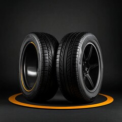 Close-up of two black tires on a dark background with an orange circle