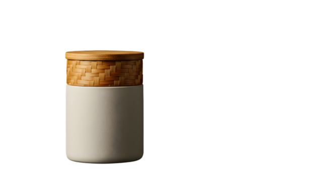 Minimalist ceramic jar with wood lid — neutral storage container mockup