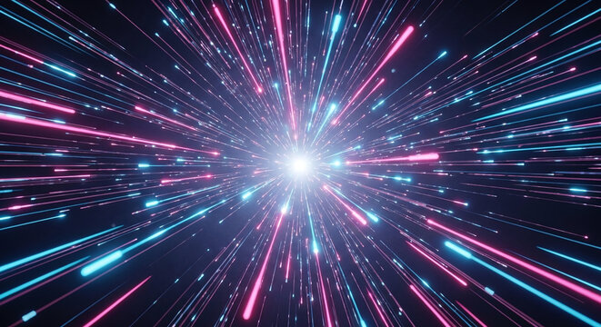 Abstract background of glowing pink and blue light streaks exploding from a central bright light source isolated on a transparent background - Powered by Adobe
