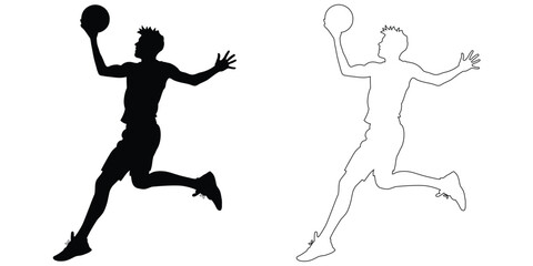 Basketball Player Jumping Silhouette and Outline Vector.